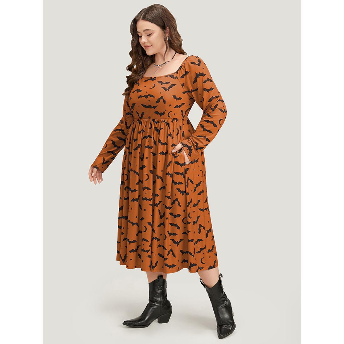 Plus Size Halloween Bat Print Pocket Square Neck Dress Rust Women Casual Gathered Square Neck Long Sleeve Curvy Midi Dress BloomChic 12/L Product Image