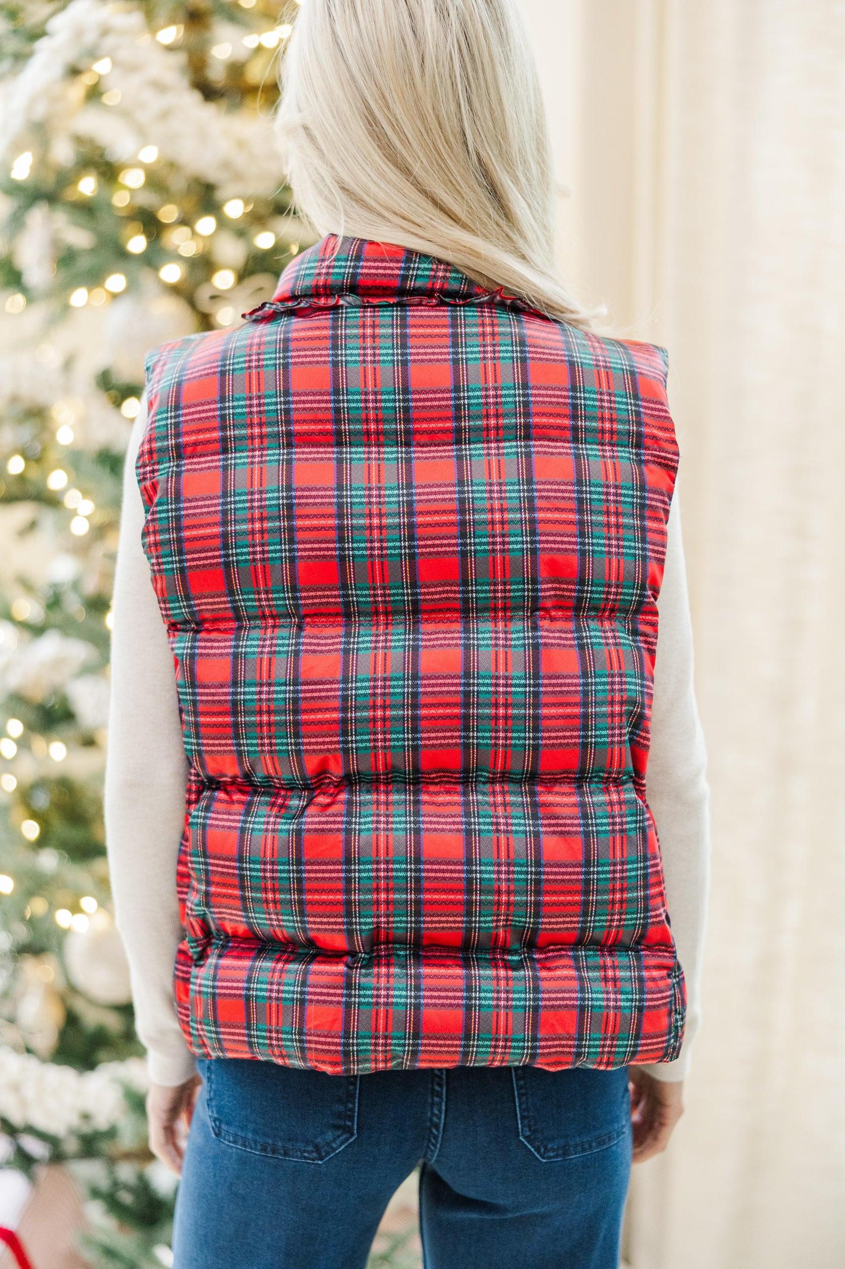 Oh So Merry Red Plaid Puffer Vest Female Product Image