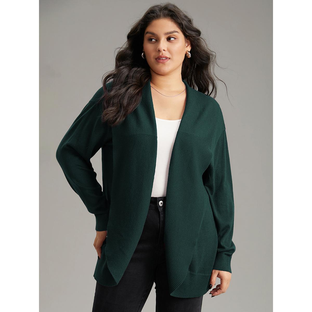 Plus Size Supersoft Essentials Plain Texture Arc Hem Cardigan DarkGreen Women Casual Loose Long Sleeve Everyday Cardigans BloomChic 10/M Product Image