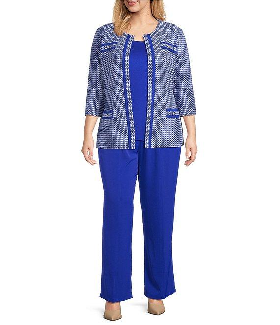 Ming Wang Plus Size Honeycomb Tweed Knit Round Neck 3/4 Sleeve Jacket Product Image