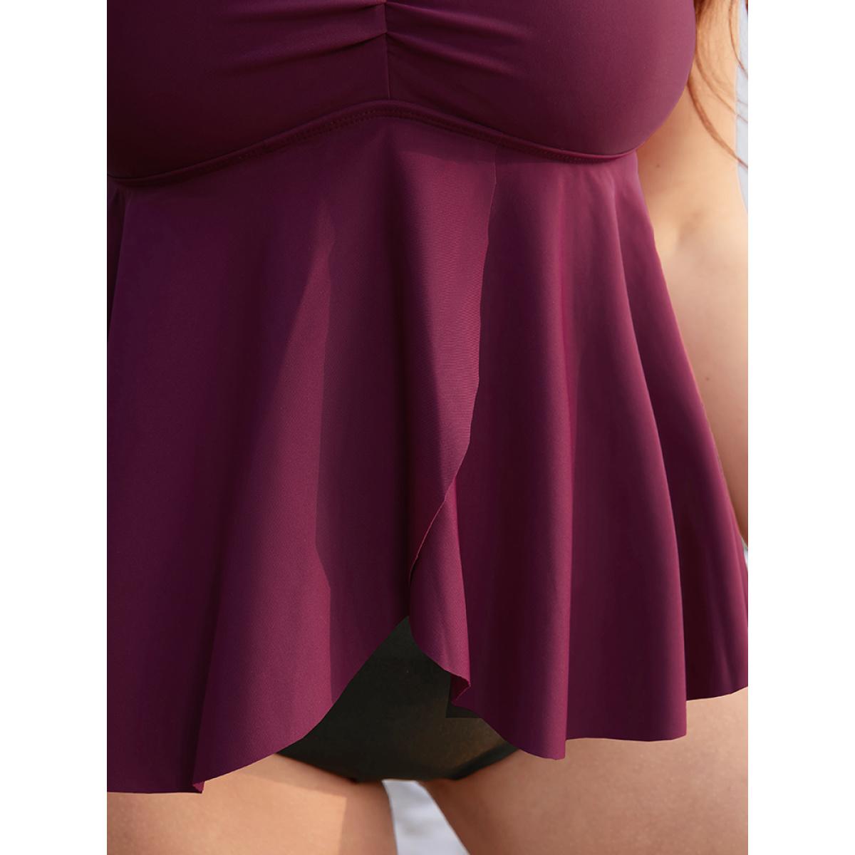 Plus Size Plain Asymmetrical Hem Ruffles Ruched Tankini Top Women's Swimwear Purple Vacation Adjustable Straps High stretch Bodycon V-neck Curve Swim Tops BloomChic 28/5X Product Image