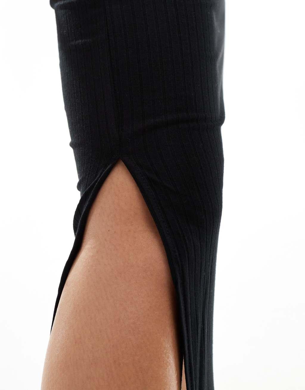 Pieces ribbed column midi skirt in black Product Image