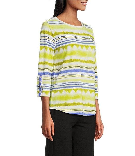 Slim Factor by Investments Watercolor Stripe Print Crew Neck 3/4 Sleeve Snaps Top Product Image