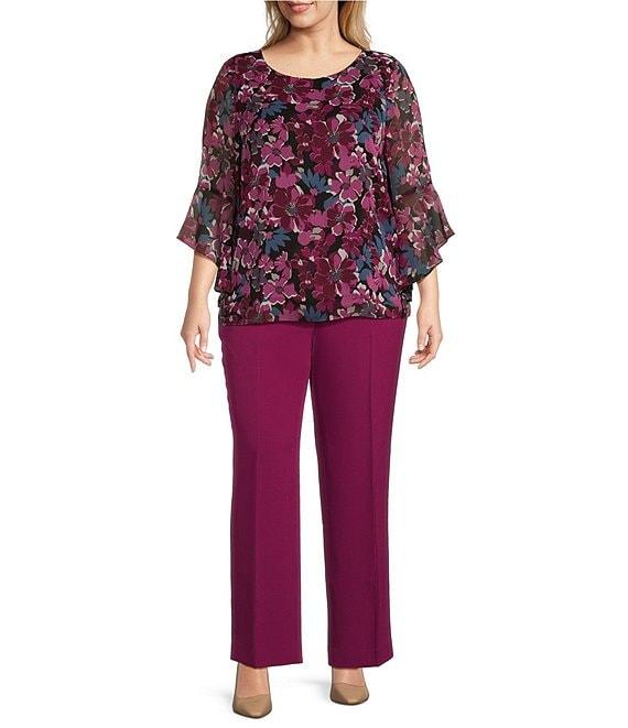 Kasper Plus Size Floral Crew Neck 3/4 Ruffle Sleeve Blouse Product Image