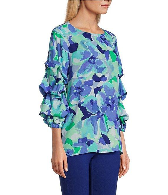 Slim Factor By Investments Kara Painted Garden Boat Neck 3/4 Tiered Sleeve Top Product Image