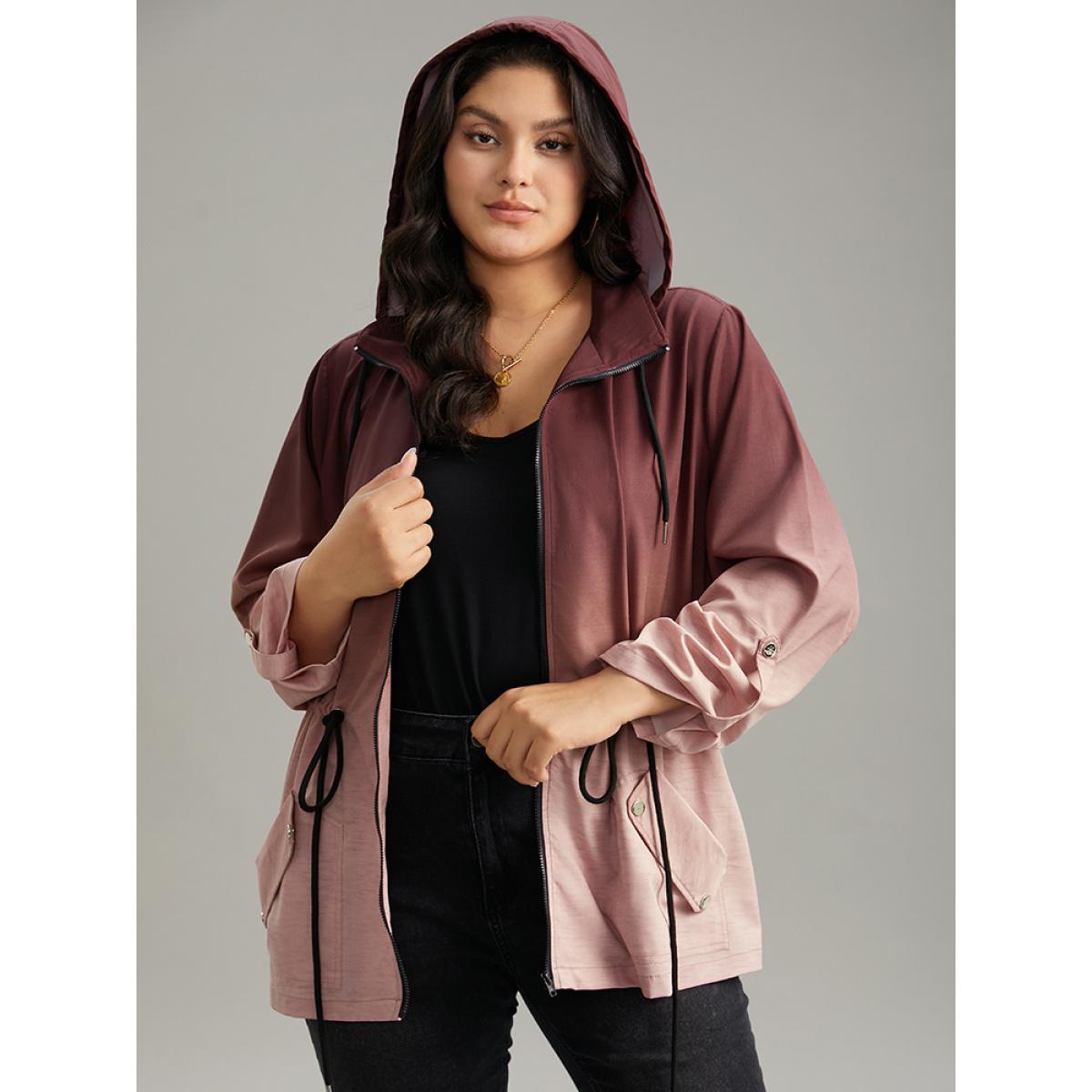 Plus Size Ombre Zipper Drawstring Pocket Tab Sleeve Jacket Women Scarlet Zipper Pocket Everyday Jackets BloomChic 14-16/1X Product Image
