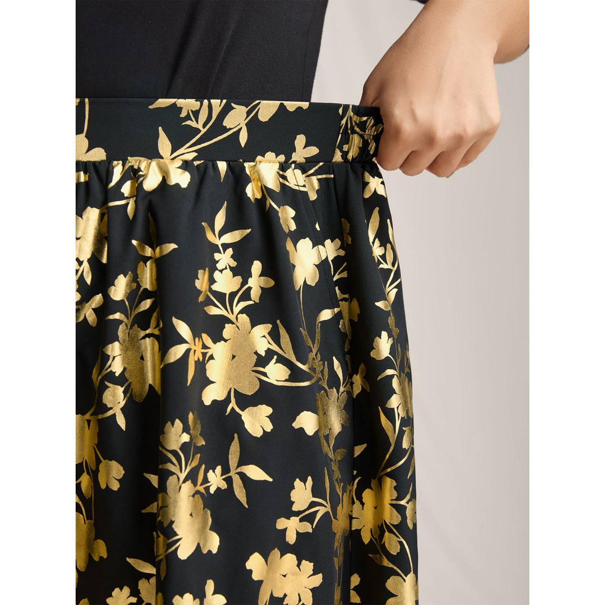 Plus Size Shimmery Floral Hot Stamping Midi Skirt Women Black Contrast Bodycon Low stretch Slanted pocket Party Skirts BloomChic 14-16/1X Product Image
