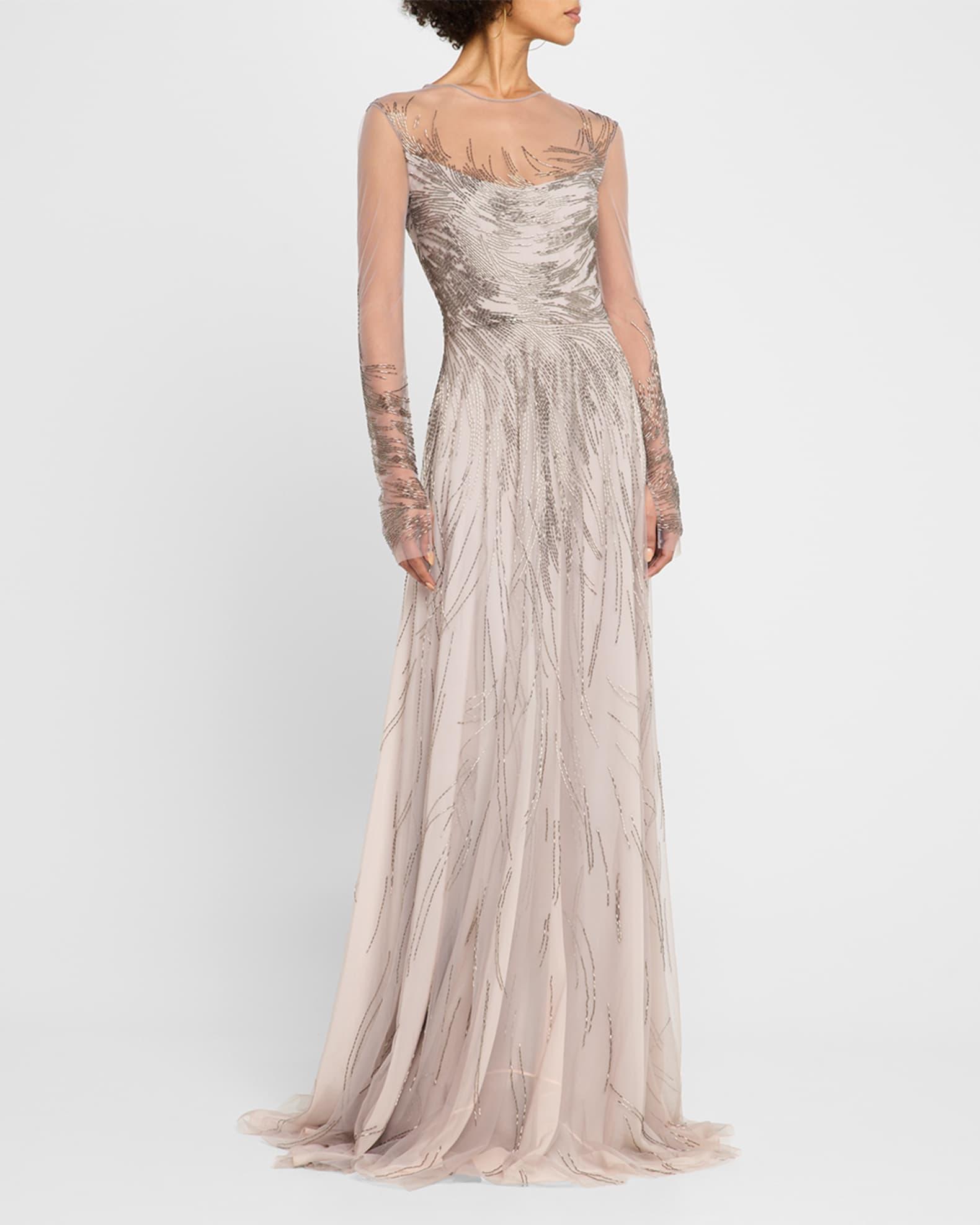 Abstract Beaded Long-Sleeve Illusion Gown Product Image