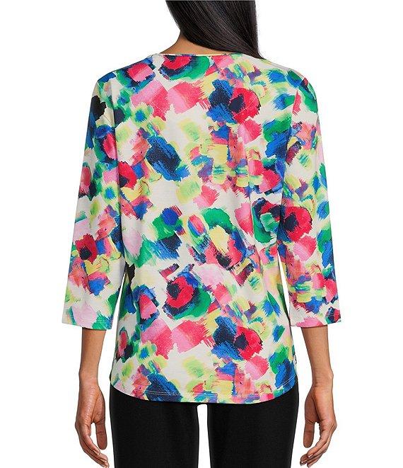 Allison Daley Brush Stroke Print 3/4 Sleeve Crew Neck Knit Top Product Image