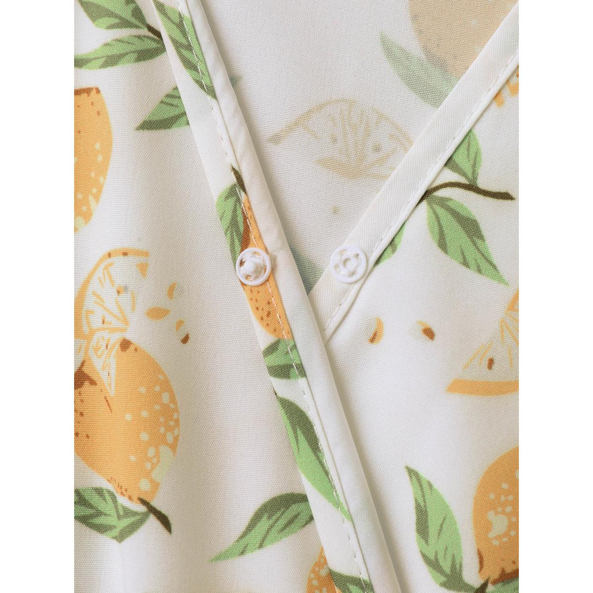 Plus Size Lemon Print Surplice Stretchy Waist Midi Dress Ivory Women Elegant Overlapping Overlap Collar Short sleeve Curvy BloomChic 18-20/2X Product Image