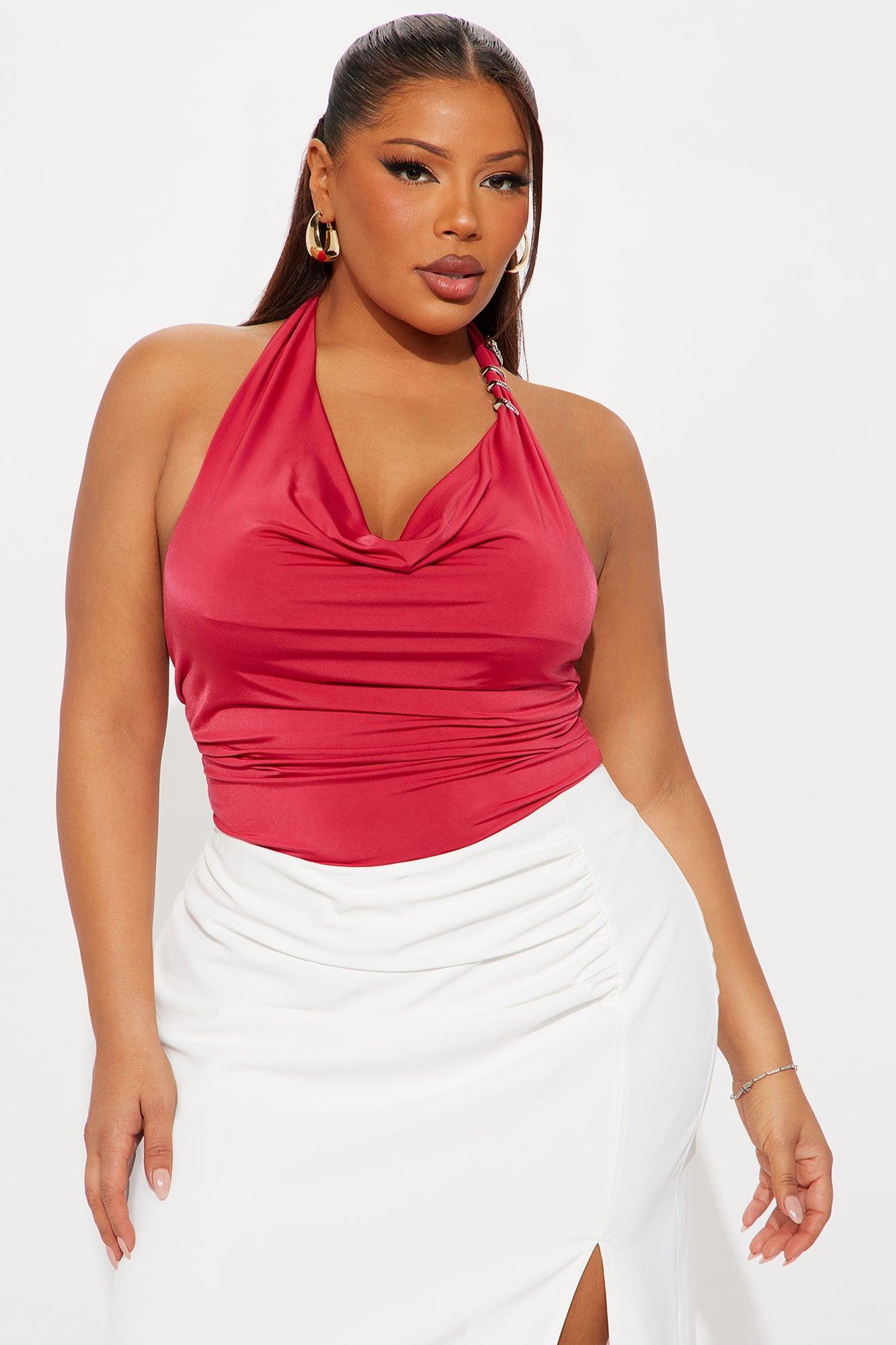 Snake Cowl Neck Halter Bodysuit - Red Female Product Image