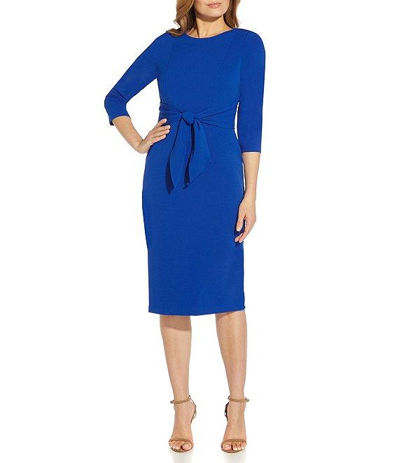 Adrianna Papell Stretch Crepe Crew Neck Tie Waist 3/4 Sleeve Midi Sheath Dress Product Image