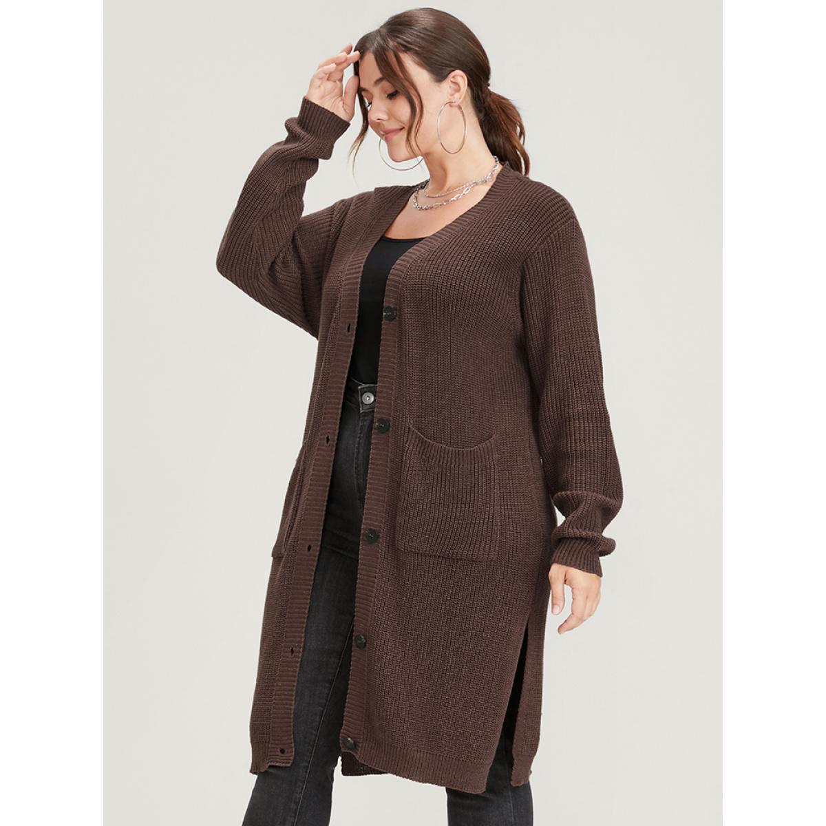 Plus Size Plain Pointelle Knit Split Hem Pocket Button Front Long Cardigan DarkBrown Women Casual Loose Long Sleeve Dailywear Cardigans BloomChic 14-16/1X Product Image