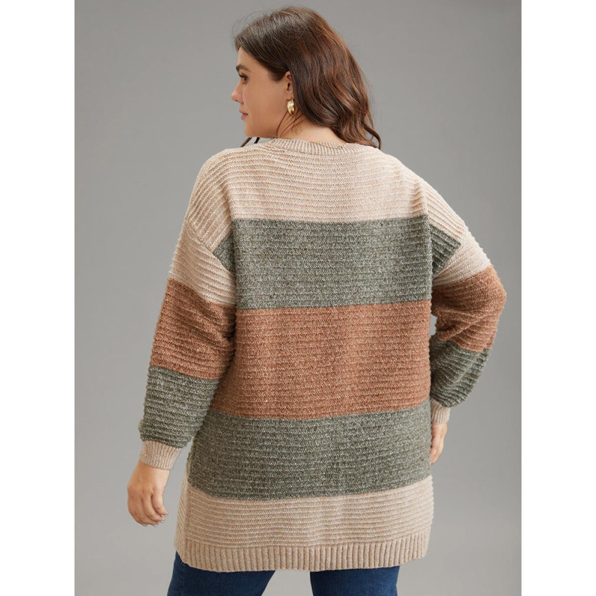 Plus Size Plisse Colorblock Patched Pocket Open Front Cardigan Multicolor Women Casual Loose Long Sleeve Dailywear Cardigans BloomChic 10/M Product Image