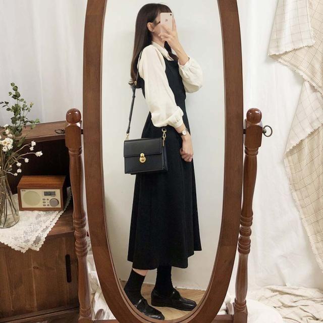 Plain Long-Sleeve Blouse / Midi A-Line Overall Dress Product Image