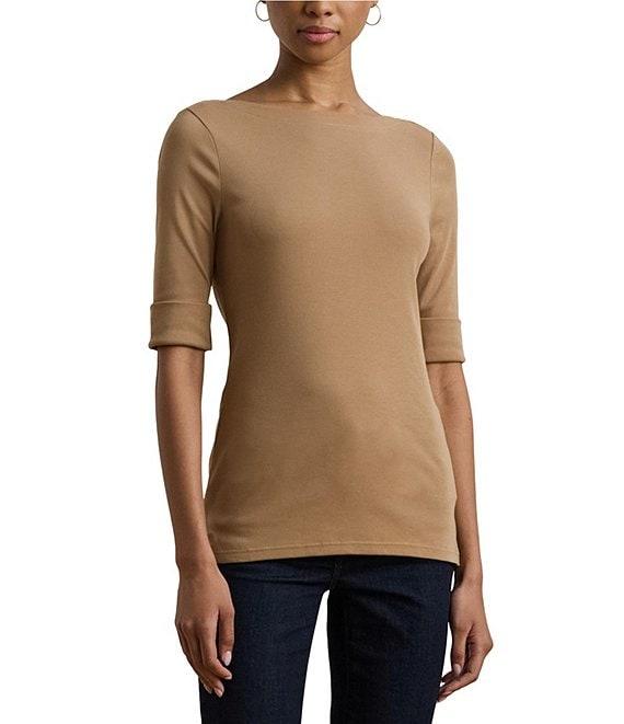 Lauren Ralph Lauren Stretch Knit Boatneck Elbow Sleeve Tee Shirt Product Image