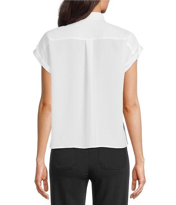 KARL LAGERFELD PARIS Silky Crepe Placed Floral Print Point Short Sleeve Shirt Product Image