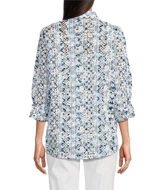 John Mark Allover Embroidered Eyelet Printed Point Collar Long Roll-Tab Sleeve Button Front Tunic Product Image