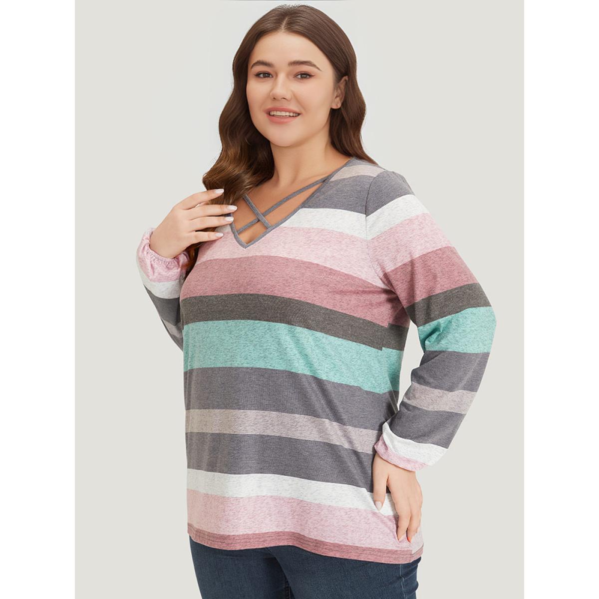 Plus Size Colour Striped Contrast Crisscross Lantern Sleeve T-shirt Multicolor Women Casual Elastic cuffs Striped V-neck Dailywear T-shirts BloomChic 18-20/2X Product Image
