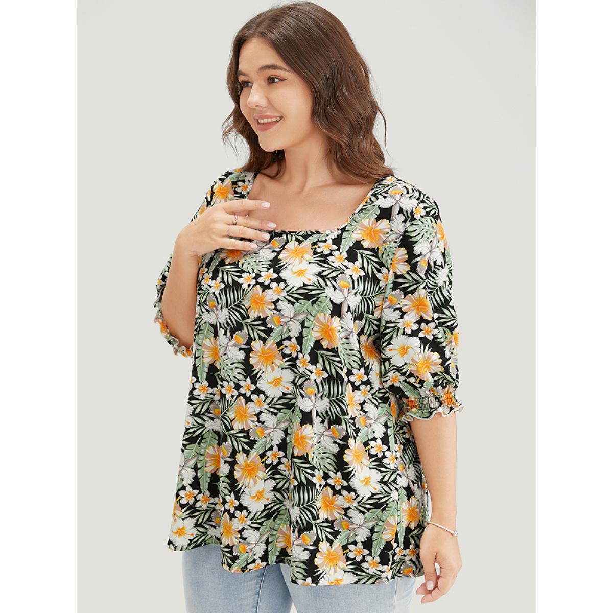 Plus Size BlackFlower Tropical Print Puff Sleeve Ruffles Trim Square Neck Blouse Women Vacation Elbow-length sleeve Square Neck Dailywear Blouses BloomChic 26/4X Product Image