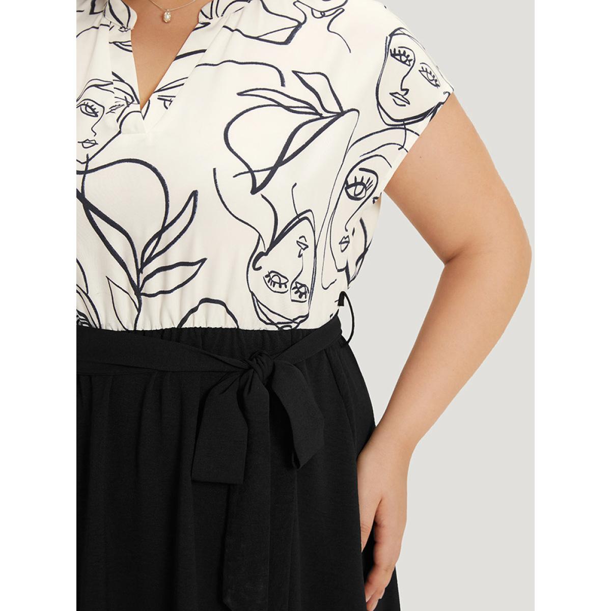 Plus Size Figure Graffiti Notched Patchwork Belted Dress Ivory Women Office Lined Notched collar Short sleeve Curvy Midi Dress BloomChic 12/L Product Image