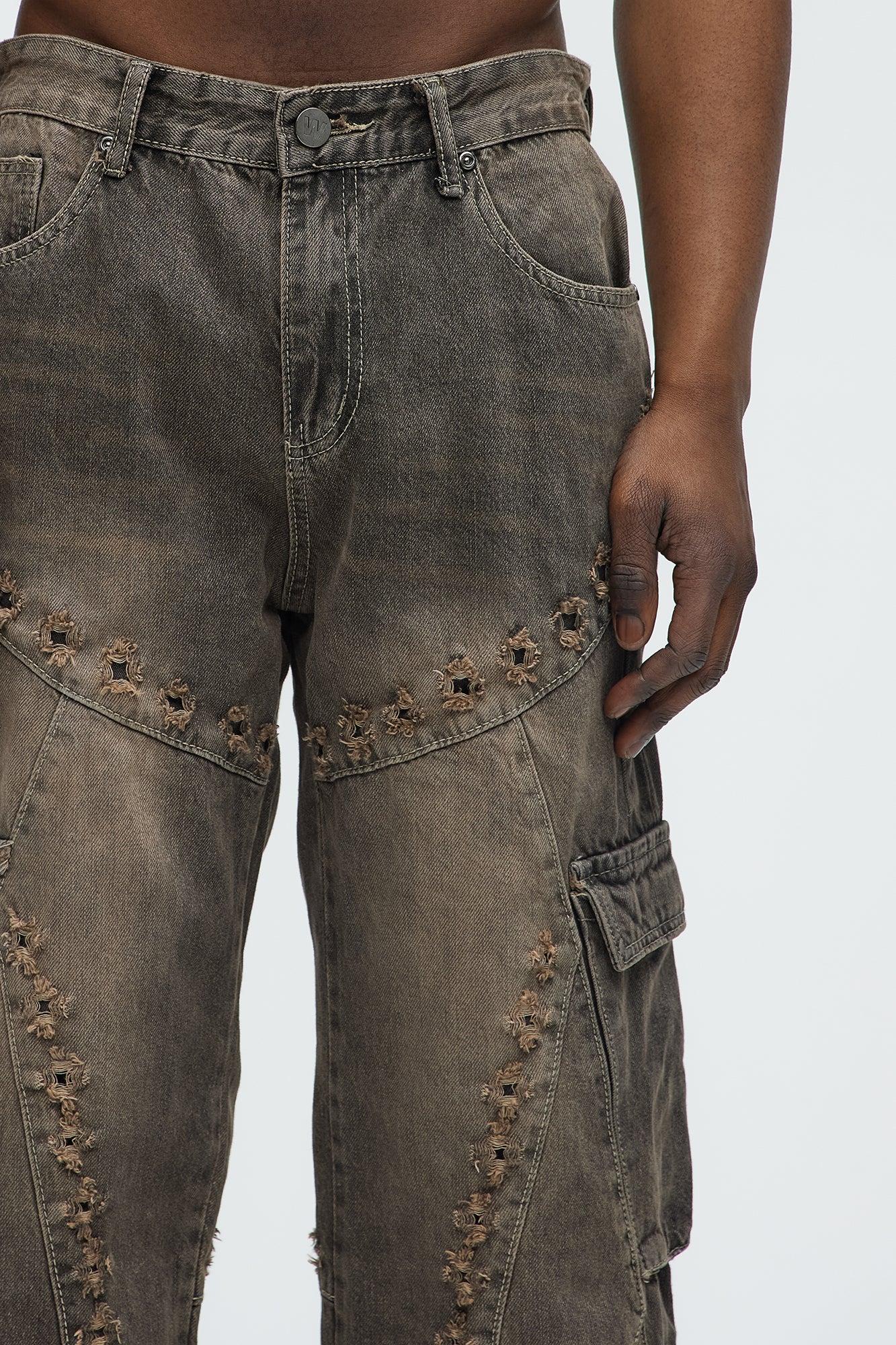 Baggy Distressed Eyelets Cargo Jeans - Brown Product Image