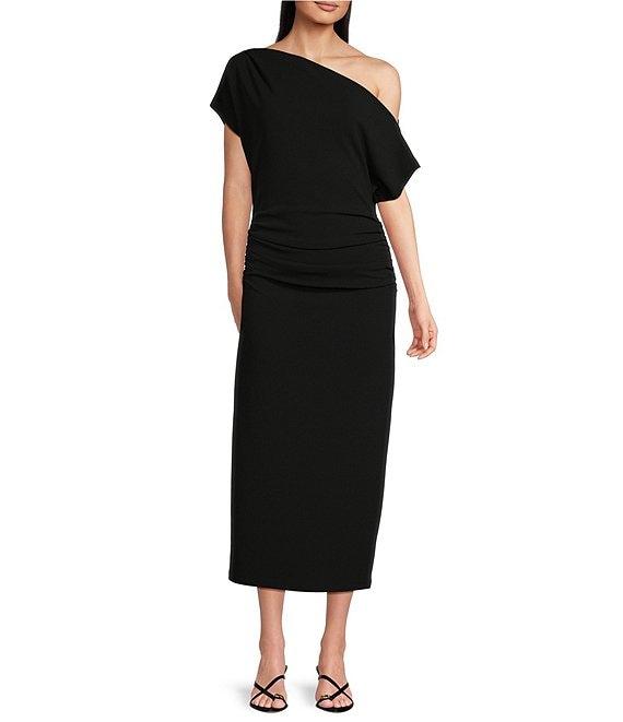 Gibson & Latimer Crepe Knit Asymmetric Neck One Shoulder Off-the-Shoulder Short Sleeve Ruched Sheath Midi Dress Product Image