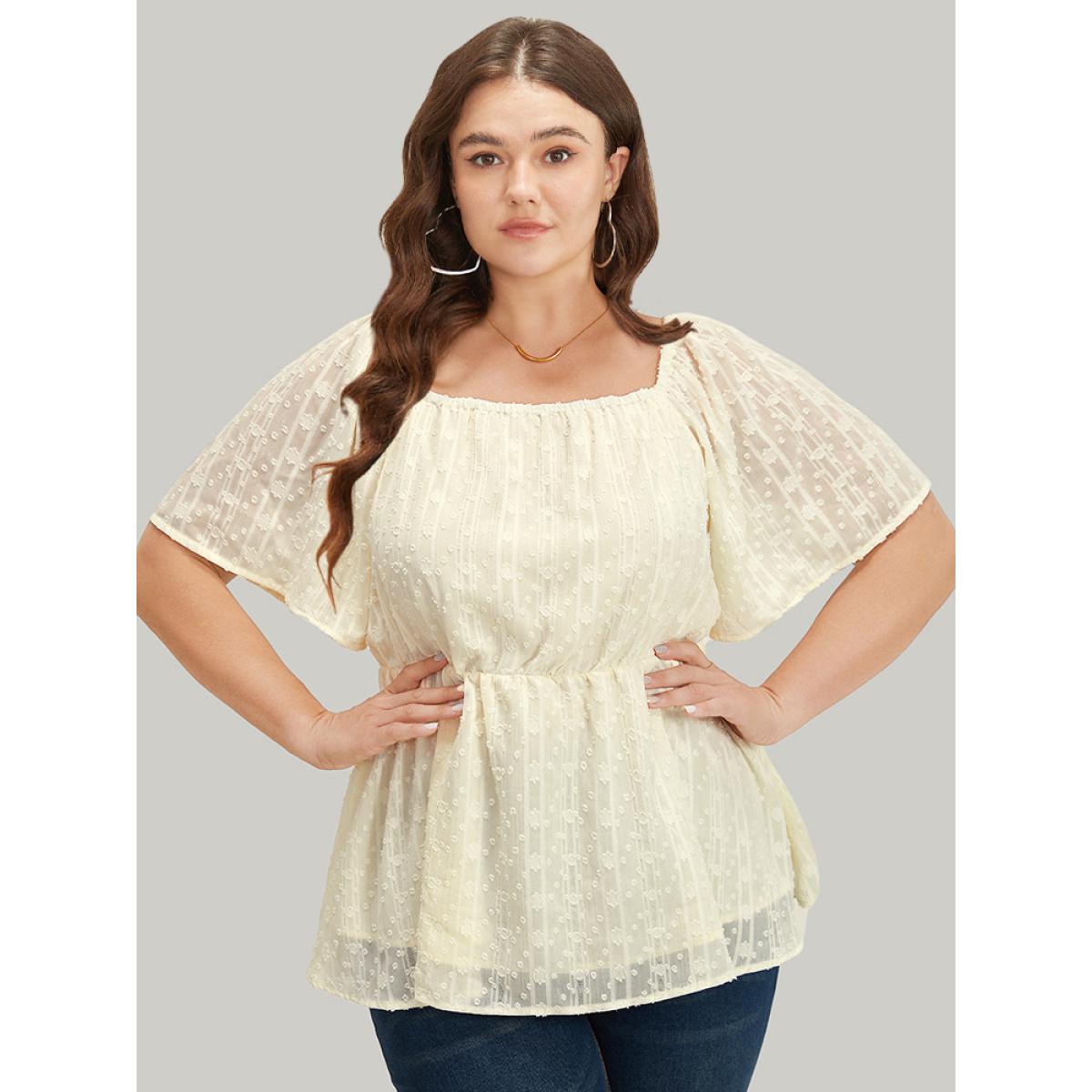 Plus Size Ivory Plisse Mesh Square Neck Elastic Waist Blouse Women Elegant Short sleeve Square Neck Dailywear Blouses BloomChic 28/5X Product Image