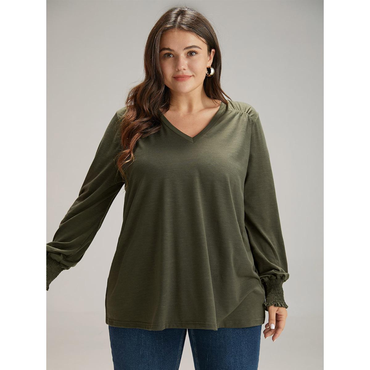 Plus Size Plain V Neck Gathered Shirred Sleeve T-shirt ArmyGreen Women Casual Elastic cuffs Plain V-neck Everyday T-shirts BloomChic 10/M Product Image