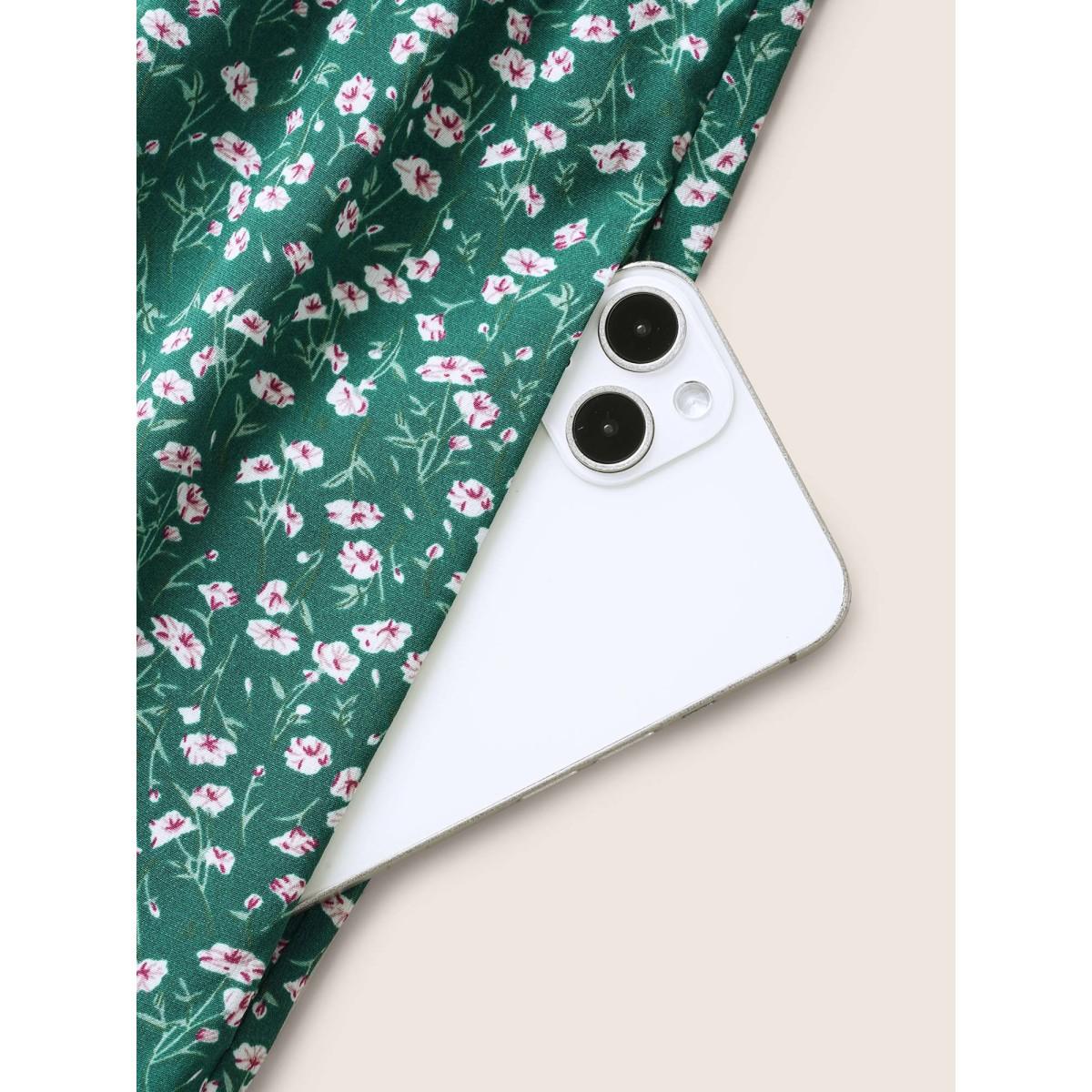 Plus Size Ditsy Floral Tie Knot Gathered Dress Teal Women Elegant Tie knot Square Neck Short sleeve Curvy BloomChic 26/4X Product Image