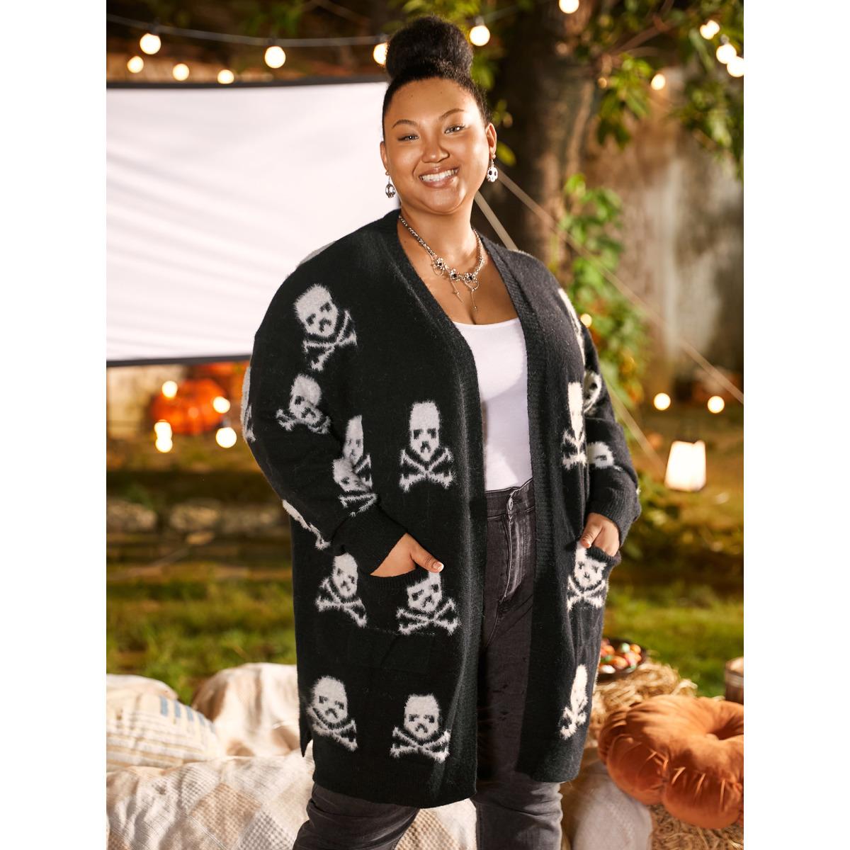 Plus Size Skull Pattern Plus Jacquard Open Cardigan Black Women Casual Loose Long Sleeve Everyday Cardigans BloomChic 18-20/2X Product Image