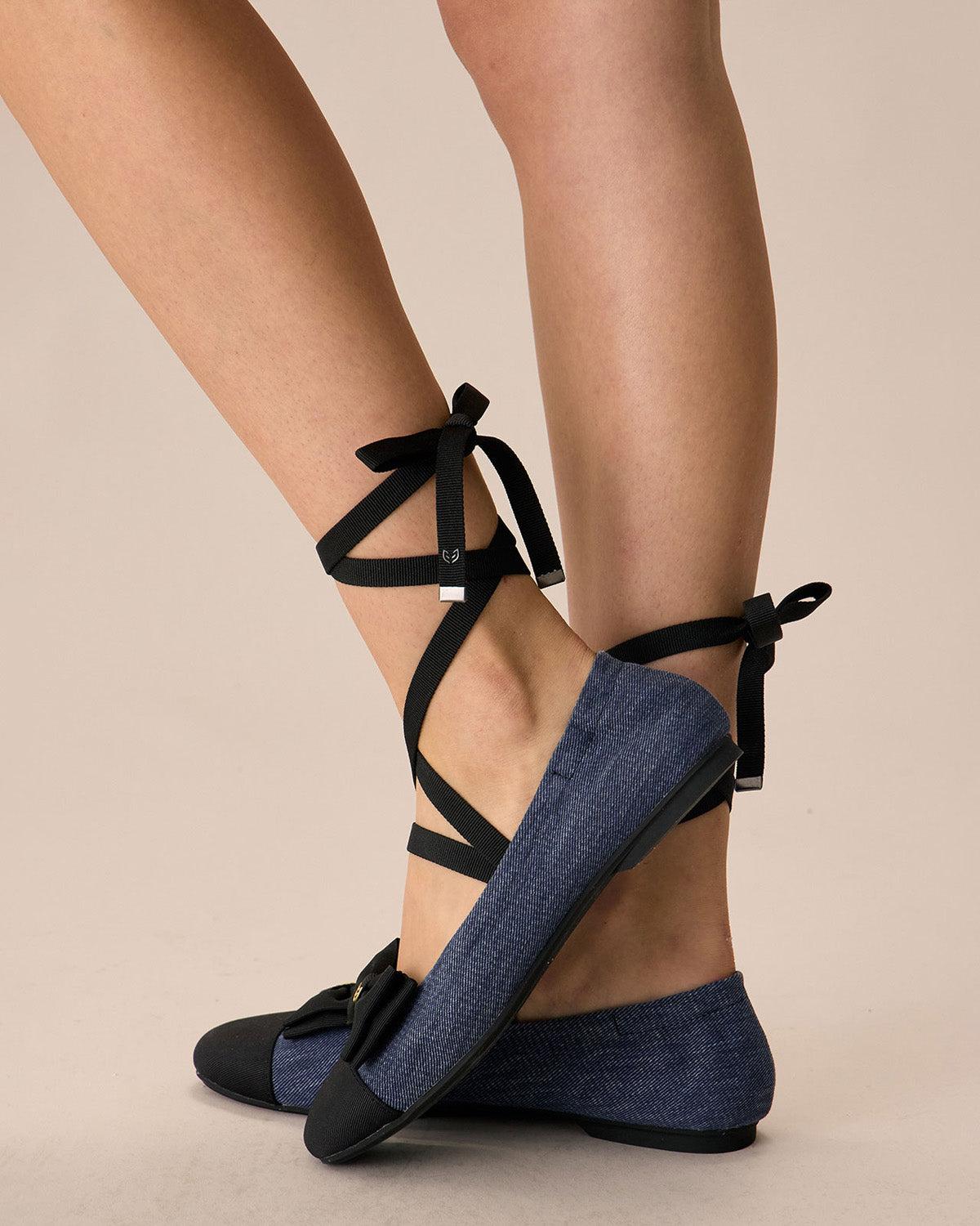 Enfiis Blue Twill Denim Square Toe Ballet Flats Product Image