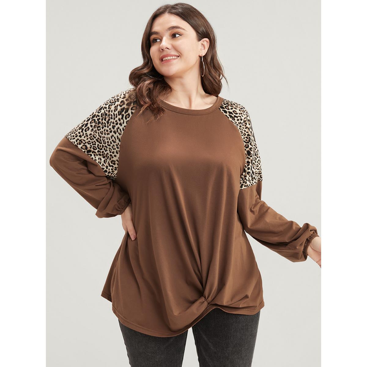 Plus Size Leopard Patchwork Lantern Sleeve Twist Front Sweatshirt Women DarkBrown Elegant Contrast Round Neck Dailywear Sweatshirts BloomChic 28/5X Product Image