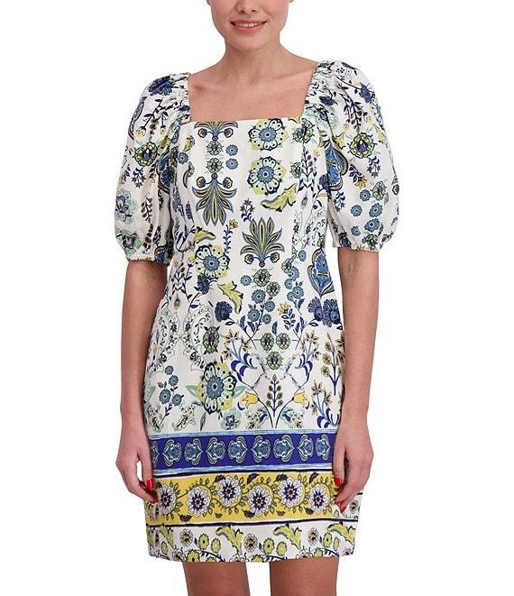 Anne Klein Linen Blend Floral Print Square Neck Short Sleeve Sheath Mini Dress Product Image