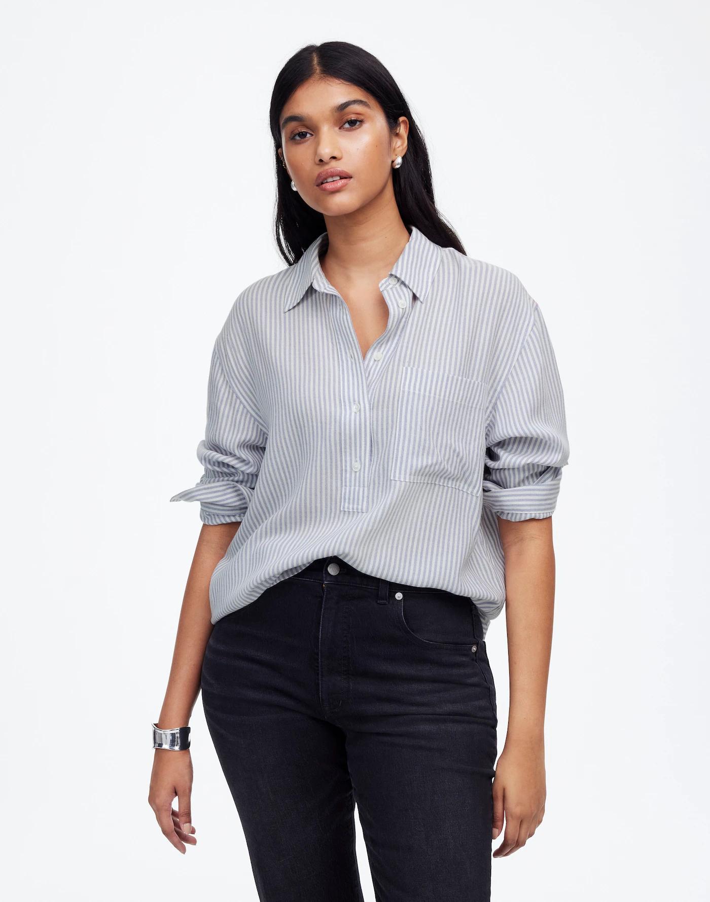Drapey Long-Sleeve Popover Shirt in Stripe Product Image