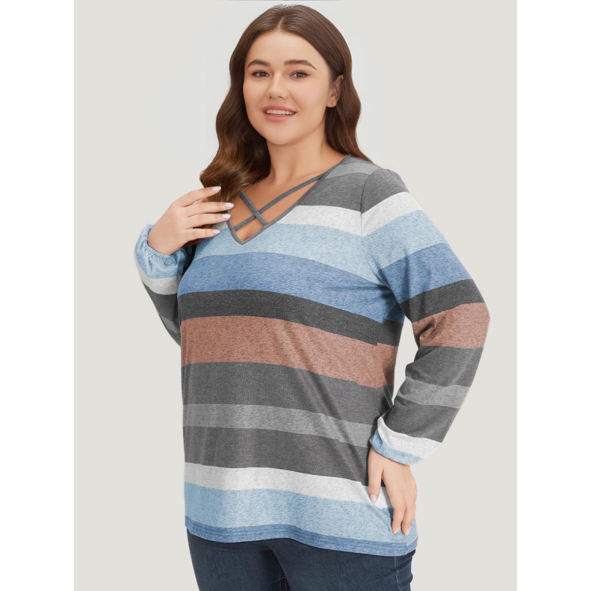 Plus Size Colour Striped Contrast Crisscross Lantern Sleeve T-shirt Blue Women Casual Elastic cuffs Striped V-neck Dailywear T-shirts BloomChic 12/L Product Image