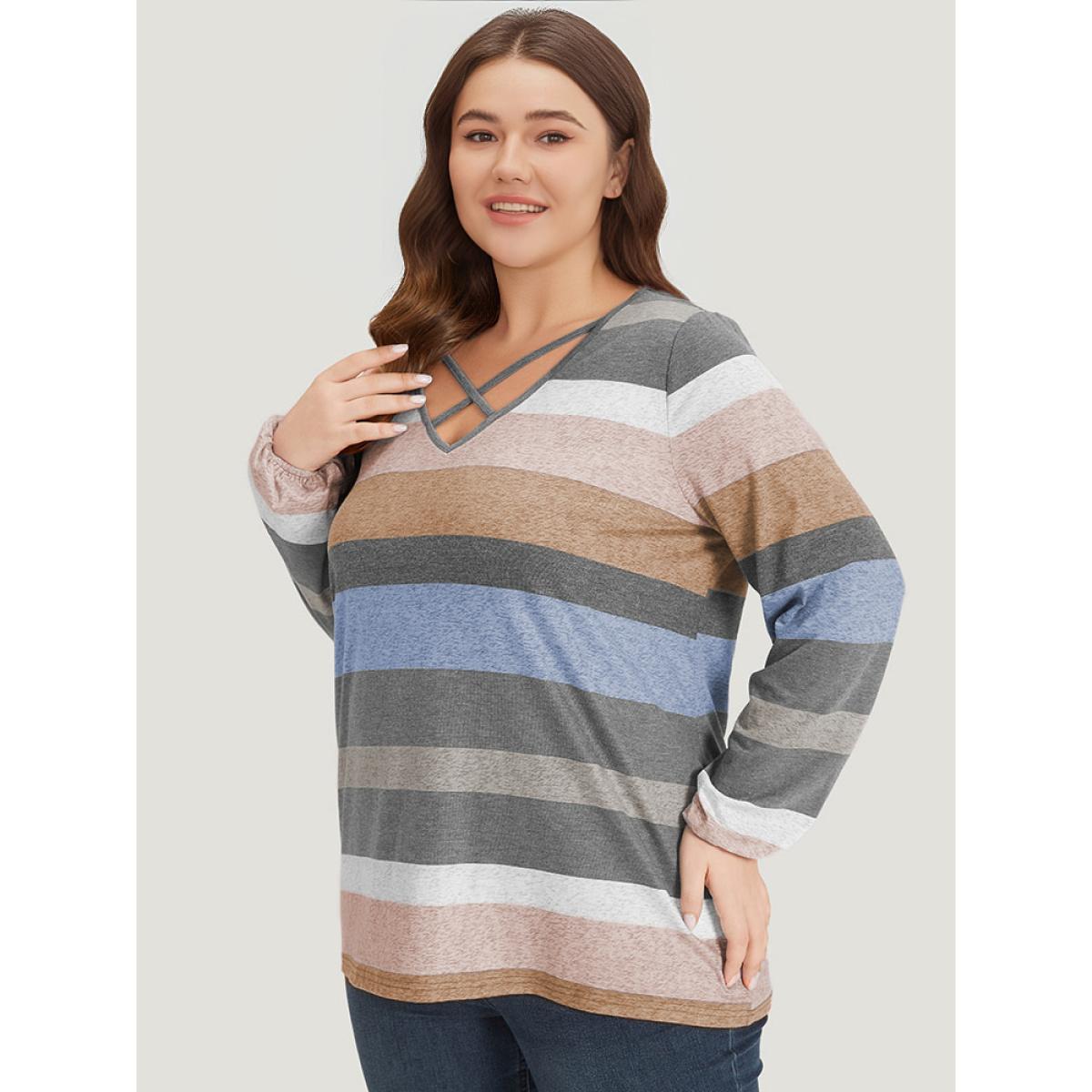 Plus Size Colour Striped Contrast Crisscross Lantern Sleeve T-shirt LightBrown Women Casual Elastic cuffs Striped V-neck Dailywear T-shirts BloomChic 28/5X Product Image