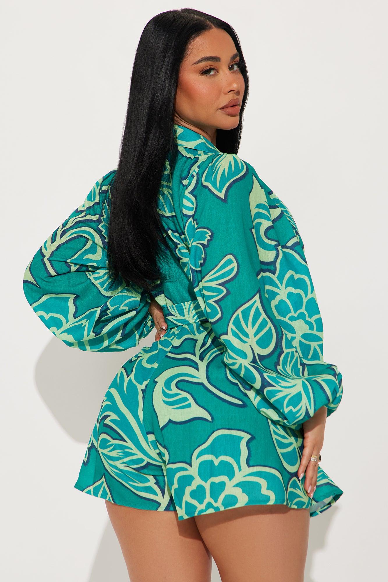 Far Away Belted Romper - Green/combo Product Image