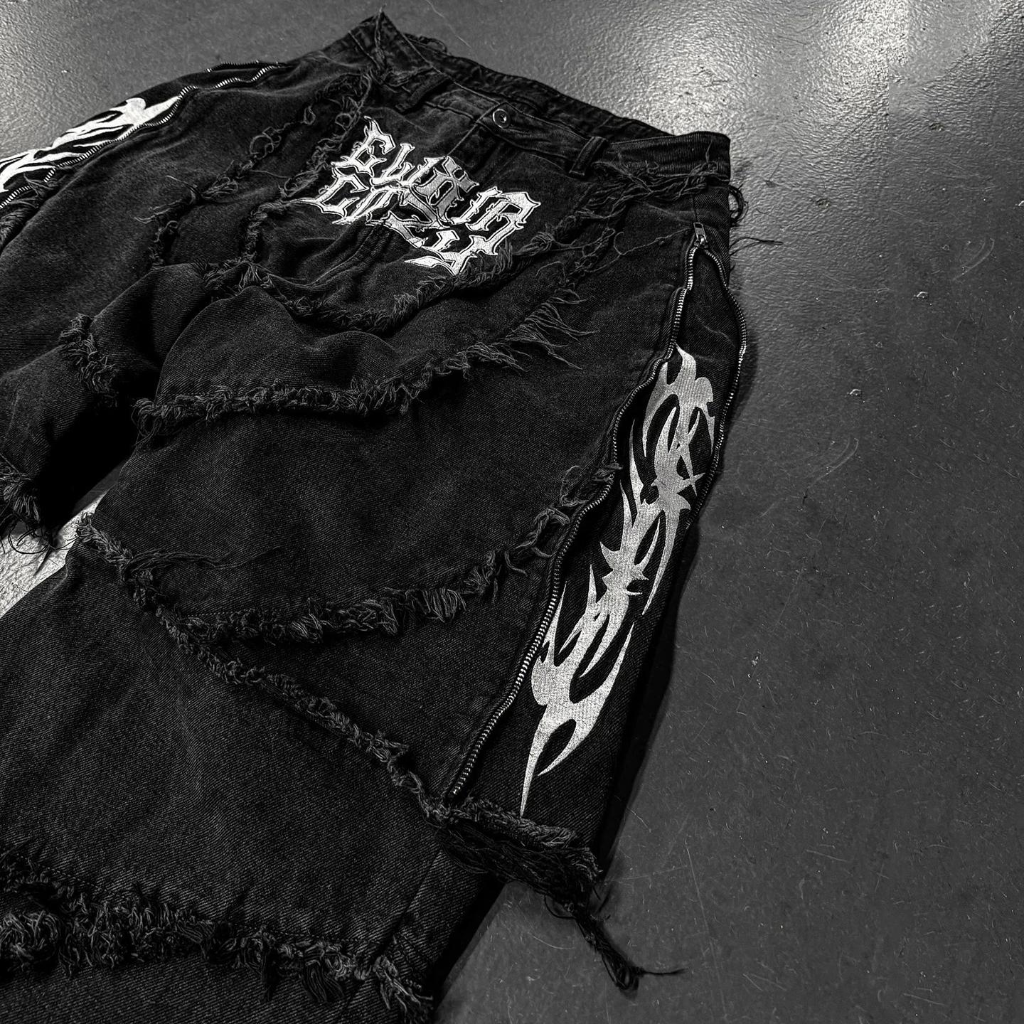 Hiphop Flame Distressed And Removable Denim Baggy Jeans Product Image