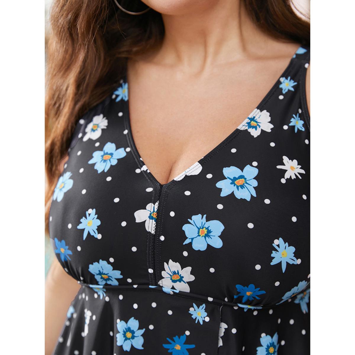 Plus Size Floral & Polka Dot V Neck Split Front Swim Dress Women's Swimwear BlackFlower Vacation Bodycon V-neck High stretch Curve Swim Dresses BloomChic 14-16/1X Product Image