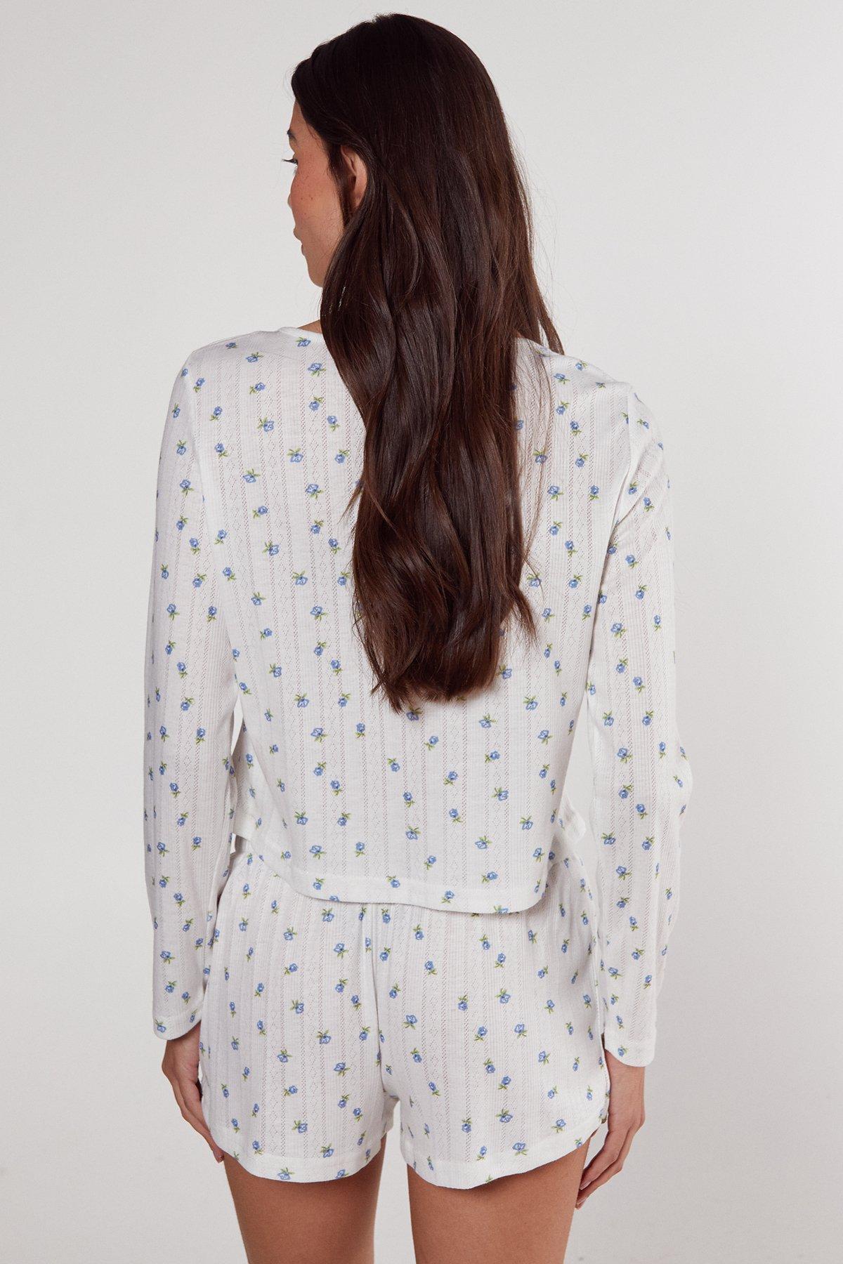 Pointelle Ditsy Floral Long Sleeve Top and Short Pajama Set  Product Image