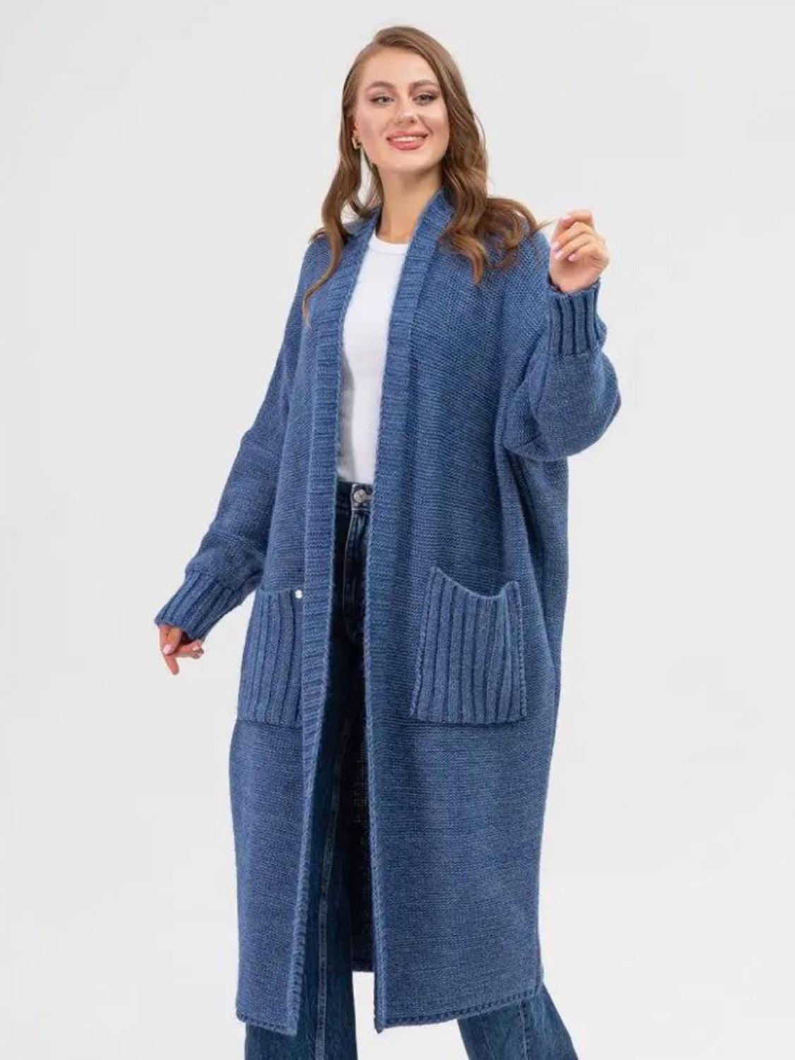 Pocketed Open Front Long Sleeve Longline Cardigan Product Image