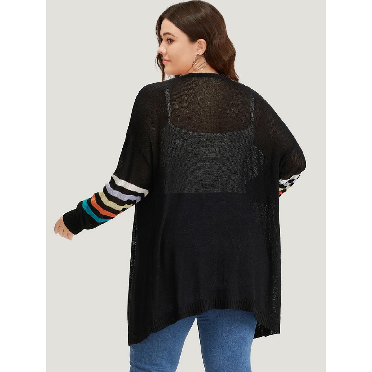 Plus Size Rainbow Striped Open Front Drop Shoulder Cardigan Black Women Casual Loose Long Sleeve Dailywear Cardigans BloomChic 12/L Product Image