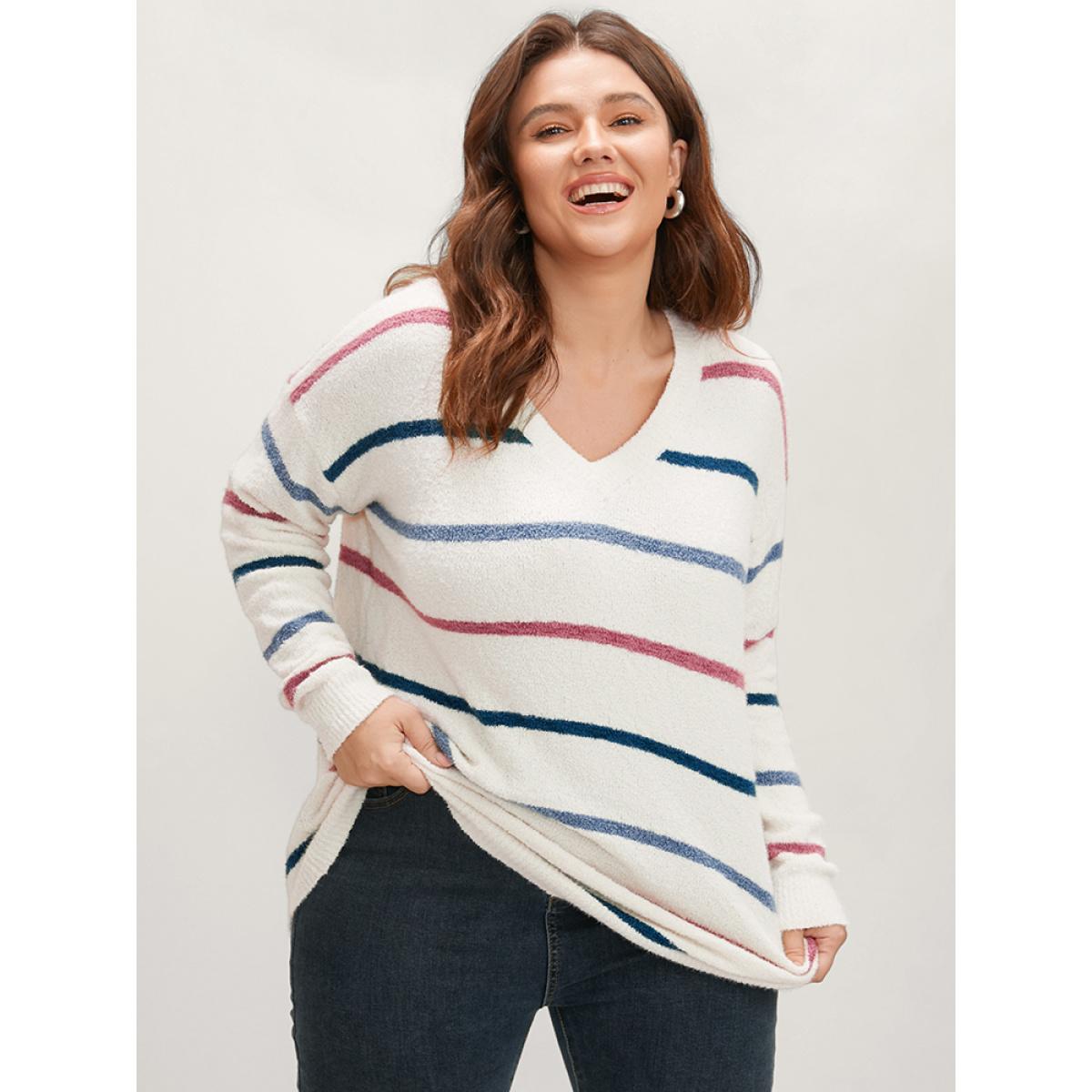 Plus Size Striped Contrast Super Soft Knit V Neck Fluffy Knit Top Ivory Women Elegant Loose Long Sleeve V-neck Dailywear Pullovers BloomChic 14-16/1X Product Image
