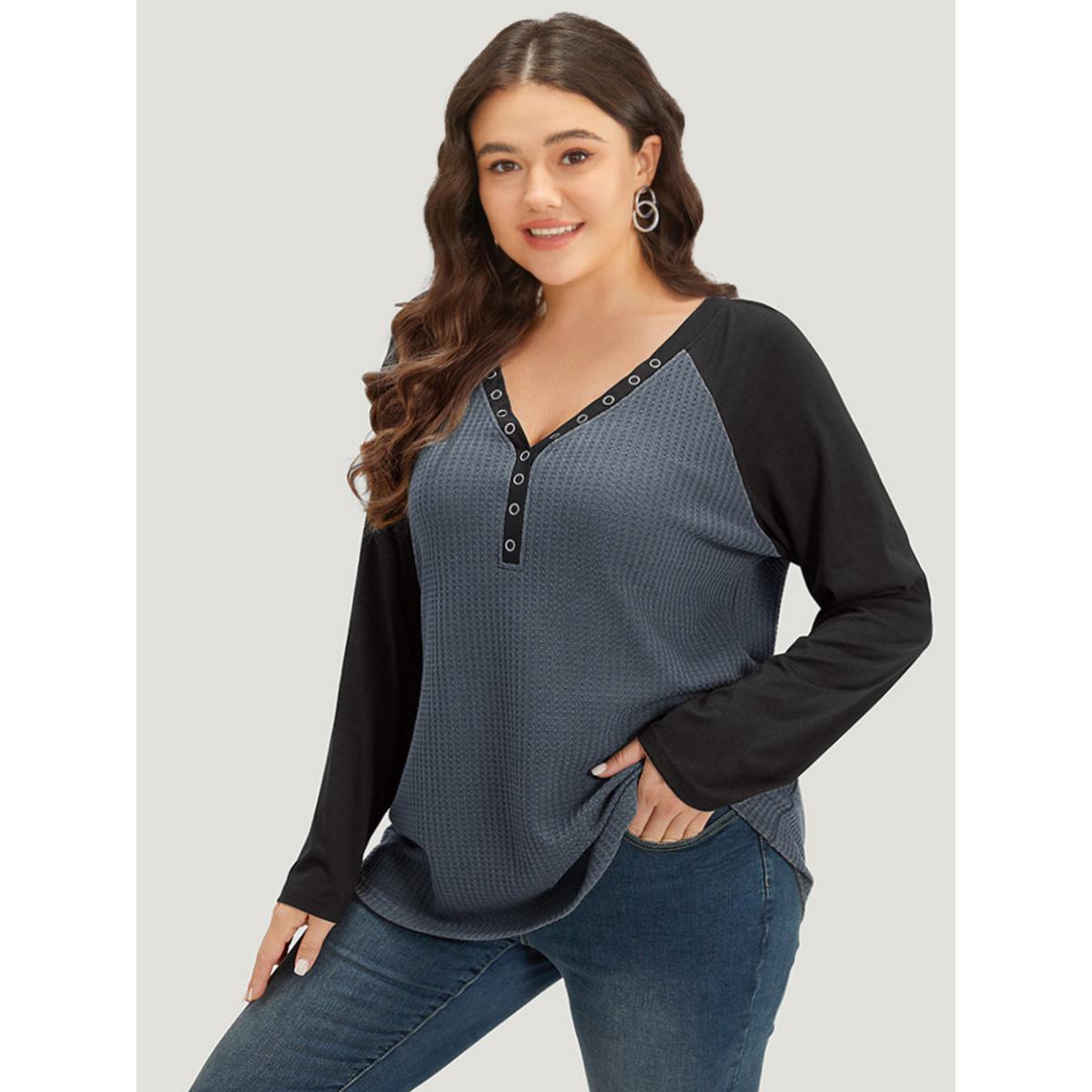 Plus Size Waffle Knit Raglan Sleeve Metal Buckle Detail T-shirt SlateGray Women Leisure Contrast Plain Casual T-shirts BloomChic 14-16/1X Product Image