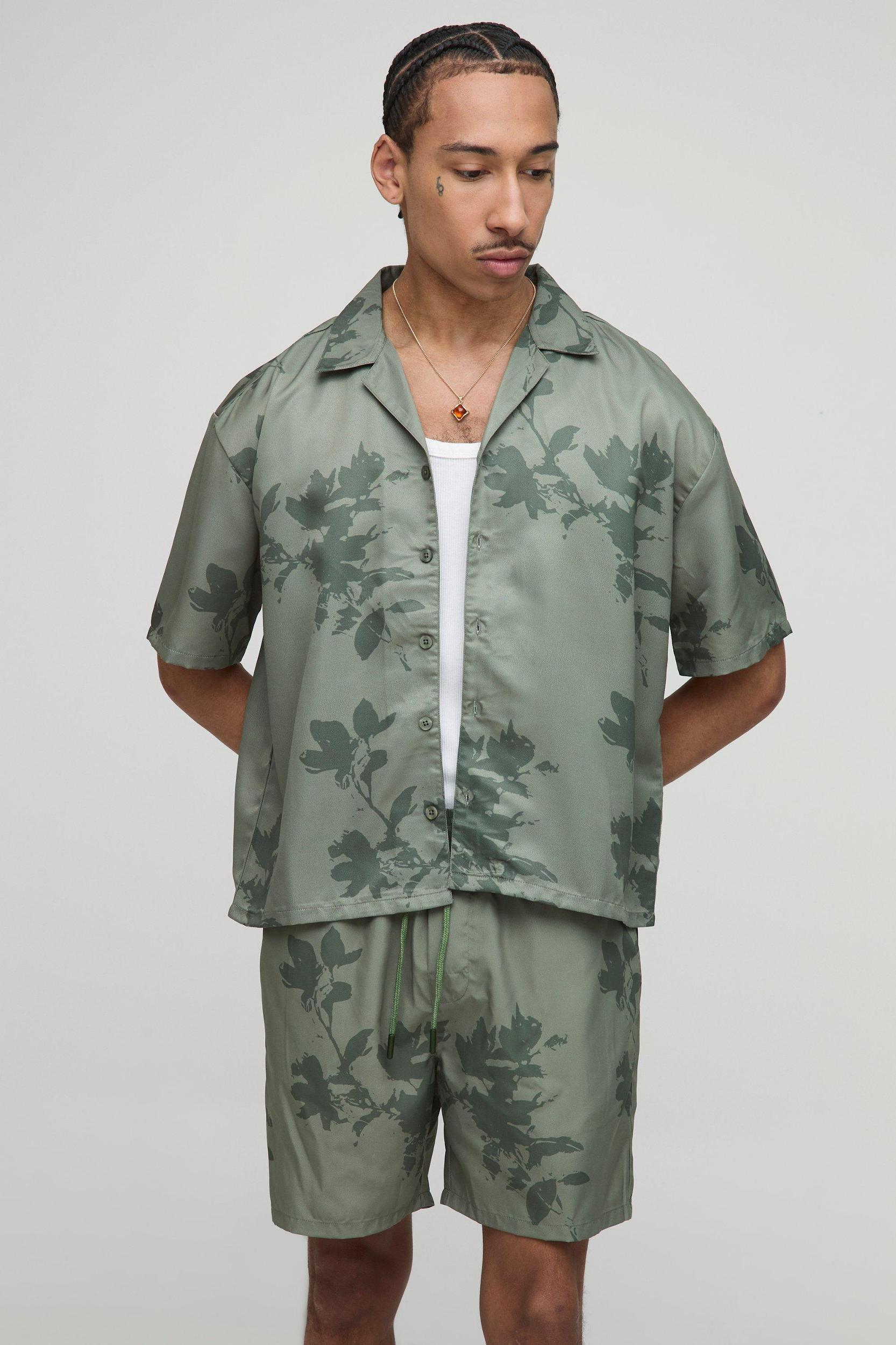 Oversized Boxy Viscose Printed Shirt & Swim Set | boohooMAN USA Product Image