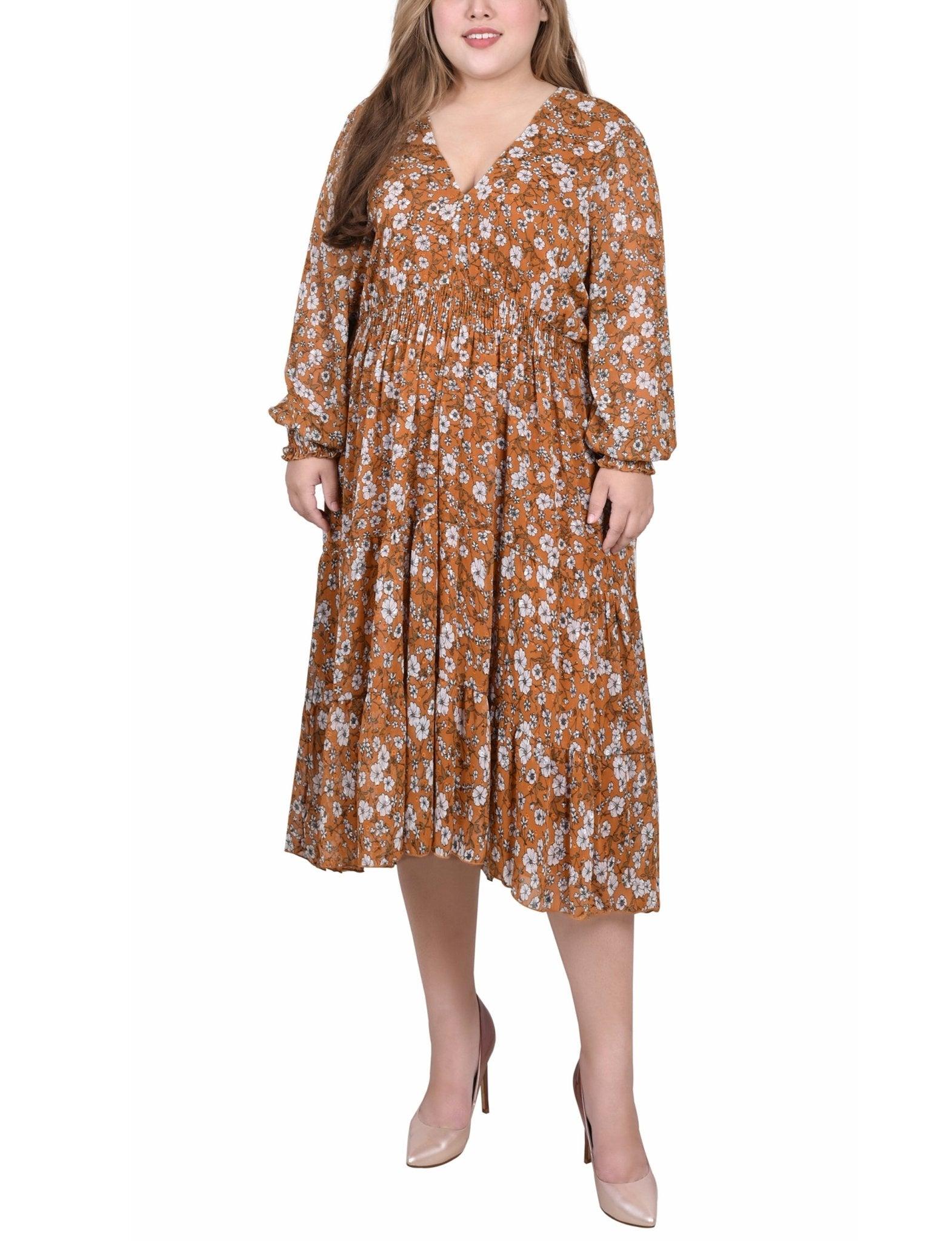 Mustard Floral Long Sleeve Clip Dot Chiffon Dress With Smocked Waist and Cuffs - Plus Product Image