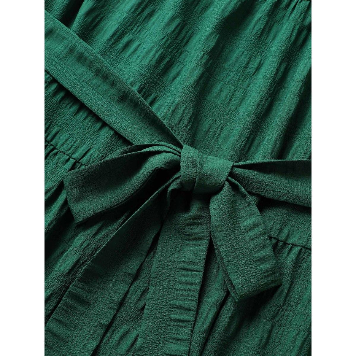 Plus Size Plain Textured A-line Frill Trim Dress Emerald Women Resort Texture Mock Neck Sleeveless Curvy BloomChic 18-20/2X Product Image