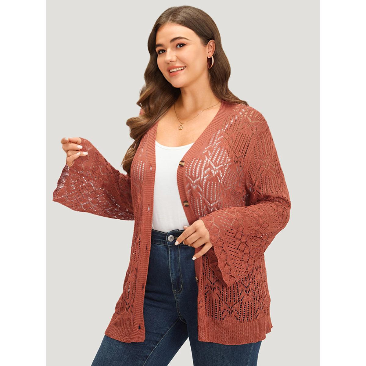 Plus Size Hollow Out Button Down Bell Sleeve Cardigan Rust Women Casual Loose Long Sleeve Everyday Cardigans BloomChic 10/M Product Image