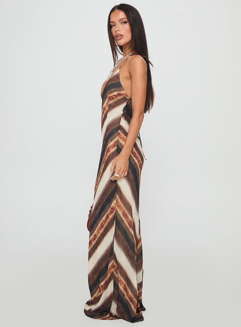 Esmira Halter Maxi Dress Brown Stripe Product Image
